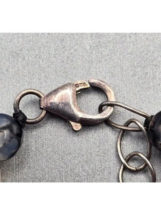 Multi-Strand Dragon Vein Agate Beaded Necklace 16" 925 Silver Clasp Undyed - Picture 7 of 13